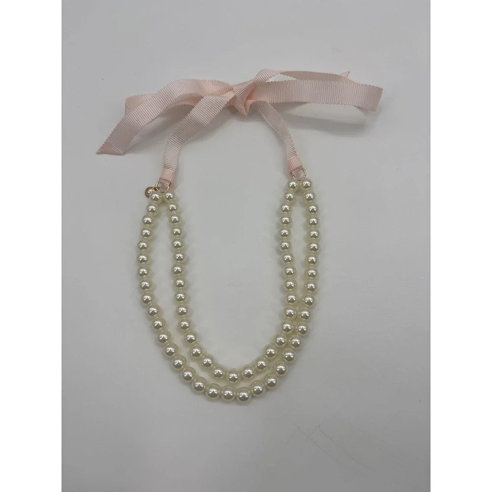 J Crew Factory Girls Two Strand Pearl Necklace Pink Ribbon Clasp Gold Tone Charm